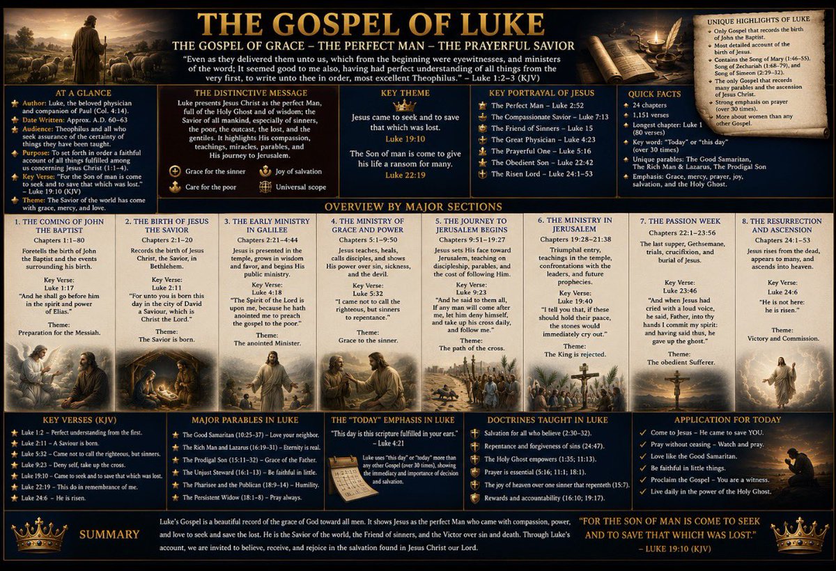 TNTJohn1717's tweet photo. 🚨‼️This Gospel of Luke chart gives a full overview of Luke’s unique presentation of Jesus Christ as the perfect Man, the compassionate Saviour, and the Friend of sinners. The following five essays will be from Luke, walking through its emphasis on grace, mercy, prayer, salvation for all men, the Holy Ghost, and Christ seeking the lost. Save this chart and keep it handy as we study Luke today. Tomorrow we move into John.