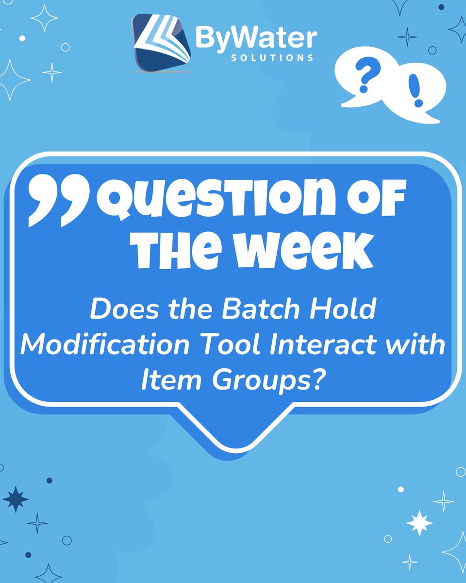 ByWaterSolution's tweet photo. Hope everyone is having a nice weekend! Time for our Question of the Week!

This week's Question is: 

"Does the Batch Hold Modification Tool Interact with Item Groups?"

Read the answer here: https://t.co/DRkaxFhUoU 

#opensource #libraries #lovemylibrary #librarians #koha https://t.co/djYzGXfrjn