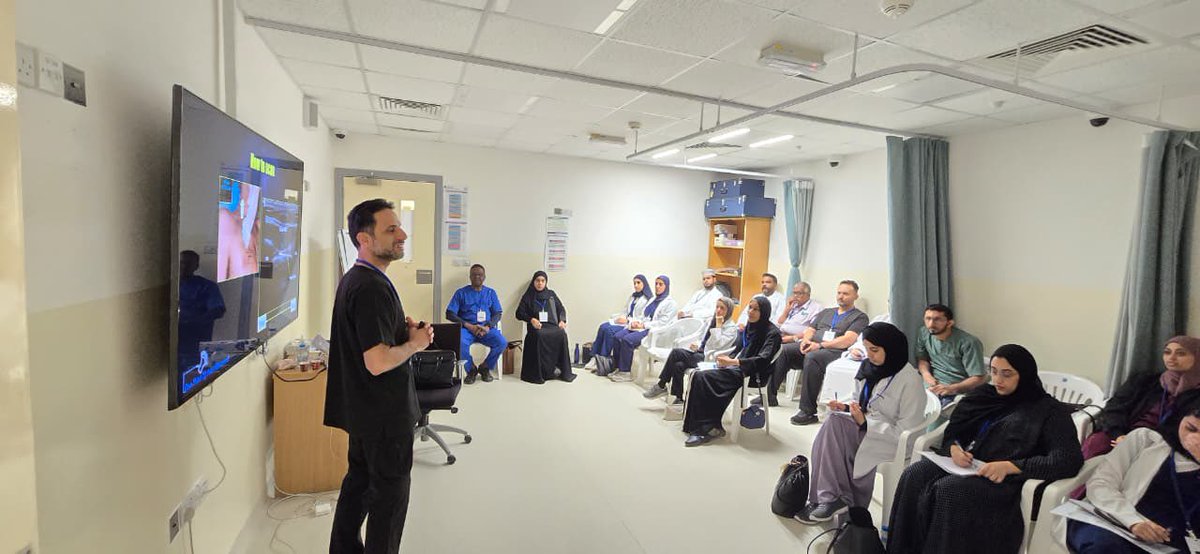 NU_COMHS's tweet photo. The Simulation and Clinical Skills Lab at the College of Medicine and Health Sciences, National University, successfully organized a two-day POCUS (Point of Care Ultrasound) Course held on May  22–23, 2026. The training brought together participants from different health institutions and varying professional levels, in addition to medical students, creating a dynamic and collaborative learning environment.

The course was conducted at the Simulation and Clinical Skills Lab and focused on enhancing practical ultrasound skills through a combination of lectures, assessments, and hands-on training sessions. Topics covered included airway and breathing assessment, FAST examination, DVT assessment, hepatobiliary and renal ultrasound, echocardiography, aorta and IVC scanning, and the use of POCUS in shock assessment.

The sessions were led by Dr. Badar Al Hamrashdi alongside a team of instructors who supervised the practical workshops. Participants had the opportunity to apply their knowledge directly through interactive scanning sessions designed to strengthen clinical decision-making and diagnostic skills.

The program reflects the Simulation and Clinical Skills Lab’s continued commitment to advancing medical education, promoting interdisciplinary learning, and supporting competency-based clinical training for healthcare professionals and students alike.