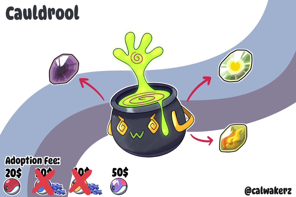 CalWakerz's tweet photo. New adoptable + 3 surprise evos (optional)

Single mon - 20$

Cauldrool + three split evos  - 50$

#fakemon #art #pokemon https://t.co/5gmHpiPzc2