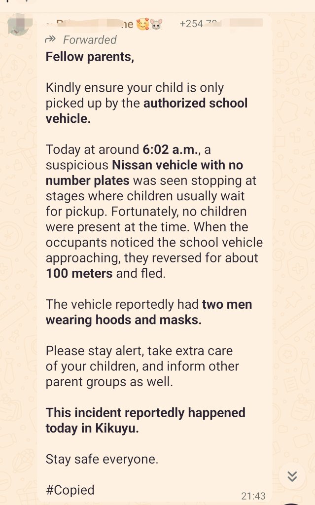Mastardcesh's tweet photo. AGAIN😢

They're still abducting children; school children.

Another case is reported from Kikuyu where a Nissan with no number plate abducted school children and disappeared to the wilderness.

Parents are warned not to leave their children alone. They're advised to pick their children by themselves.

Let's do Awareness 
I have seen the copy is surfacing on social media. 

Let's amplify ifikie kila mzazi.