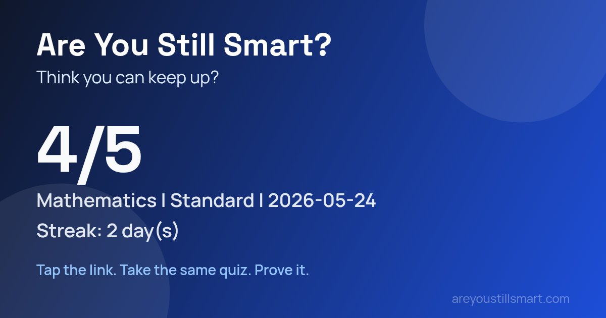 _avikd's tweet photo. 🦉 I scored 4/5 in Mathematics (Standard Quiz) on Are You Still Smart?!

Think you can beat that? Same 5 questions, same timer. No excuses.

👉 https://t.co/hXWoOECQmd

https://t.co/OJW862DaId https://t.co/WInuVjGVHR