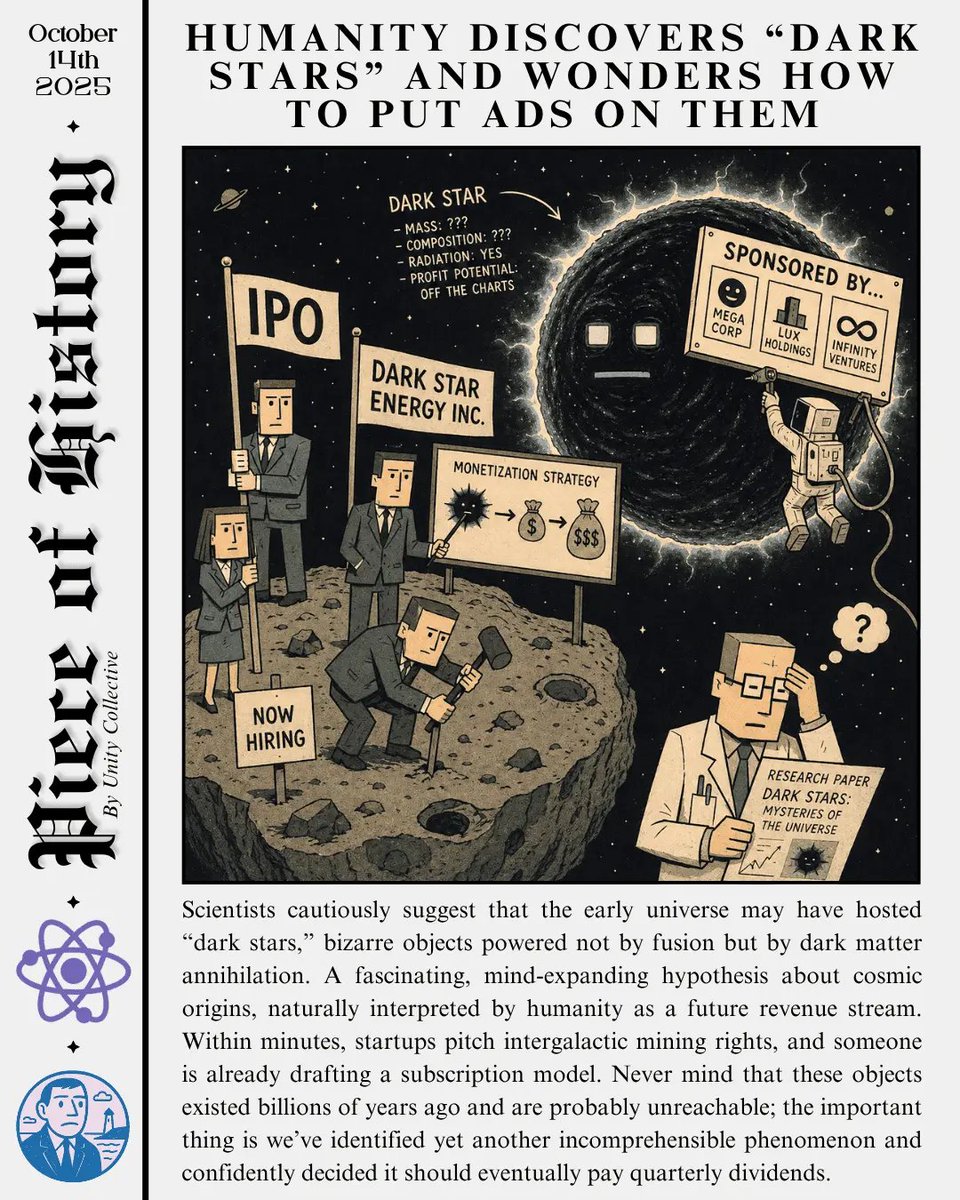 GalleryUnity's tweet photo. Someone just minted this piece: POH25 #41 on ETH, launchpad: @scatter_art 

"HUMANITY DISCOVERS “DARK STARS” AND WONDERS HOW TO PUT ADS ON THEM"  

Mint is still opens!  Links🔗👇

https://t.co/Tsq4TlelMQ https://t.co/rMiowbDAWj
