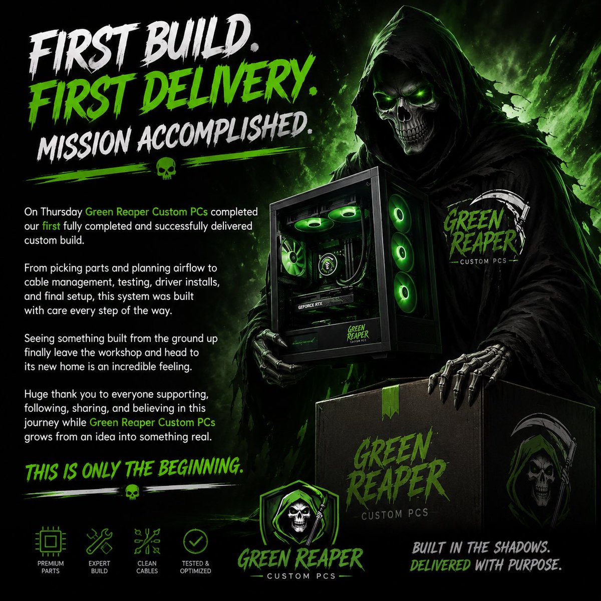 GreenReaperPCs's tweet photo. Built with passion, delivered with purpose. ⚡️💀

Seeing our first completed system head to its new home is a moment we won’t forget. Huge thank you to everyone supporting Green Reaper Custom PCs from the very beginning.

This is only the start. 👀 https://t.co/OyHyyhNA5i