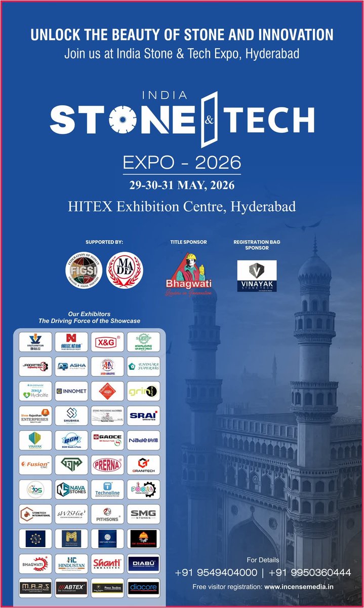 ManoharlalU's tweet photo. INDIA STONE TECH
EXPO - 2026
29-30-31 MAY, 2026
HITEX Exhibition Centre, Hyderabad
#StoneCraft #TempleConstruction #IndianArt #EkBharatShreshthaBharatOnDD
@SanatanPrabhat
@Anand_J25
@AbhayVartak https://t.co/G0E7J5hSg9