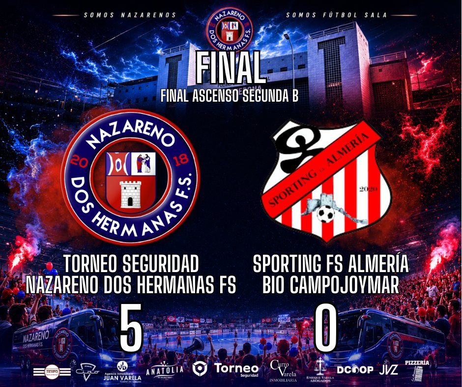 NazarenoDHFS's tweet photo. ⏱️ 40' FINAL FINAL FINAL EN ESTEPONA
¡¡¡ESTAMOS EN SEGUNDA B!!!
❤️💙 TS #NazarenoDosHermanasFS 5-0 @sportingfsalme1 🔵🟣
#VolverAVolver #SomosNazarenos #SomosFutbolSala https://t.co/ZDmXxbLInS