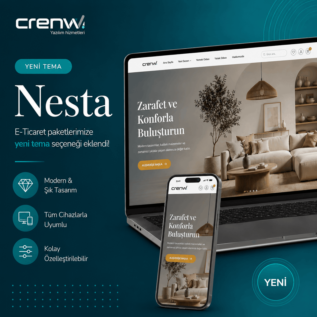crenwnet's tweet photo. ✨ Yeni Tema: Nesta

E-Ticaret paketlerimize yepyeni bir tema seçeneği eklendi!

✦ Modern &amp; şık tasarım
✦ Tüm cihazlarla uyumlu
✦ Kolay özelleştirilebilir altyapı
✦ Hızlı yükleme &amp; akıcı alışveriş deneyimi

#Crenw #ETicaret #WebTasarım #Mobilya #Dekorasyon https://t.co/XYBHdis9C1
