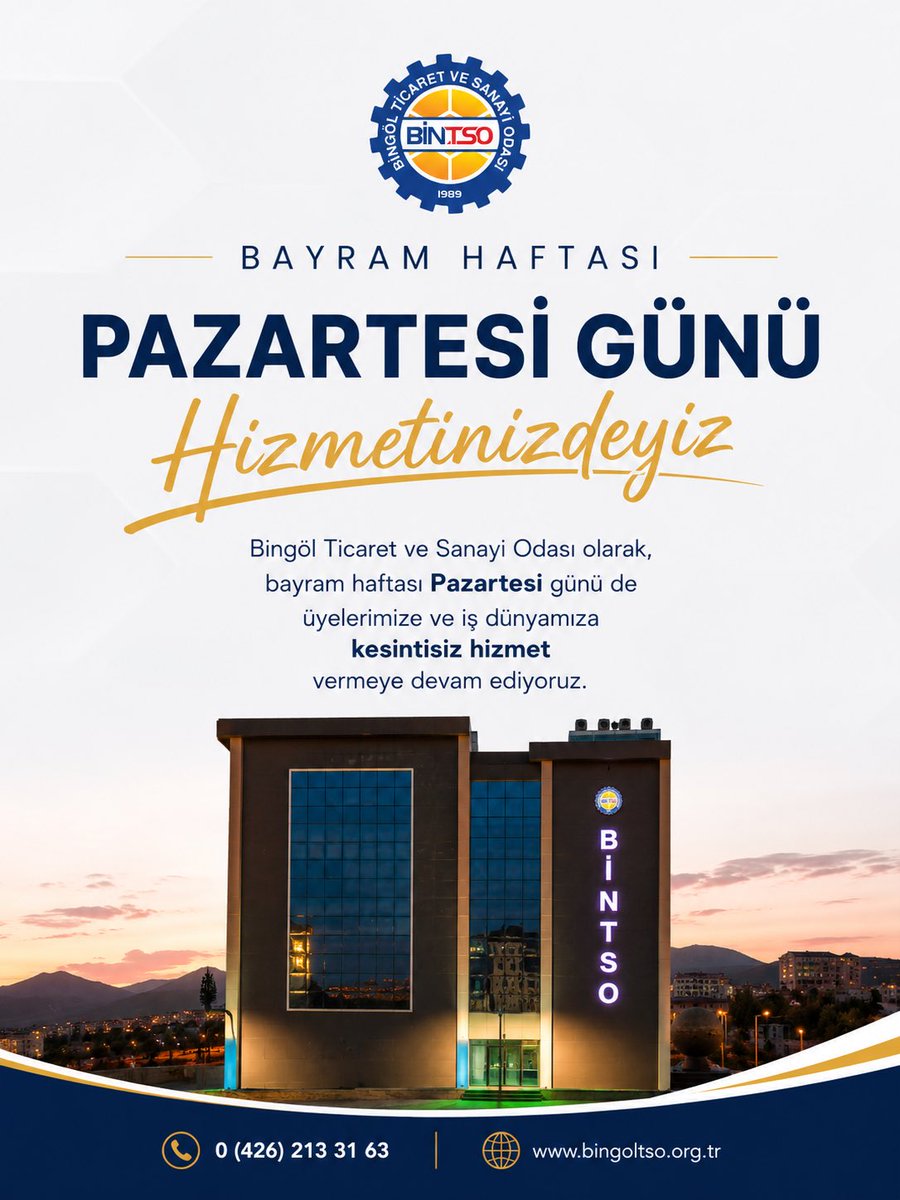 bingoltso's tweet photo. Bayram haftasında da iş dünyamızın yanındayız.

Bingöl Ticaret ve Sanayi Odası olarak, Pazartesi günü üyelerimize ve iş dünyamıza kesintisiz hizmet vermeye devam ediyoruz. https://t.co/8jICJ9XrnK