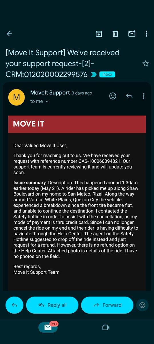 markanthonydr's tweet photo. @moveitph It's been days since this incident happened and I already reported it thru your Help Center, na napaka-confusing i-navigate, pero until now wala pa ring response. Was on my home from Ortigas when yung rider na sinasakyan ko nagka vehicle breakdown (flat yung front tire) https://t.co/dJqy2NXF59