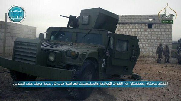 DoungaJohn's tweet photo. Pictures showing a american made Humvee mounted by a soviet made 14,5 mm KPV heavy machine gun of the Kata’ib Hezbollah captured by the Al Nusra Front at Aleppo, 2015. https://t.co/srOAgrPMF1