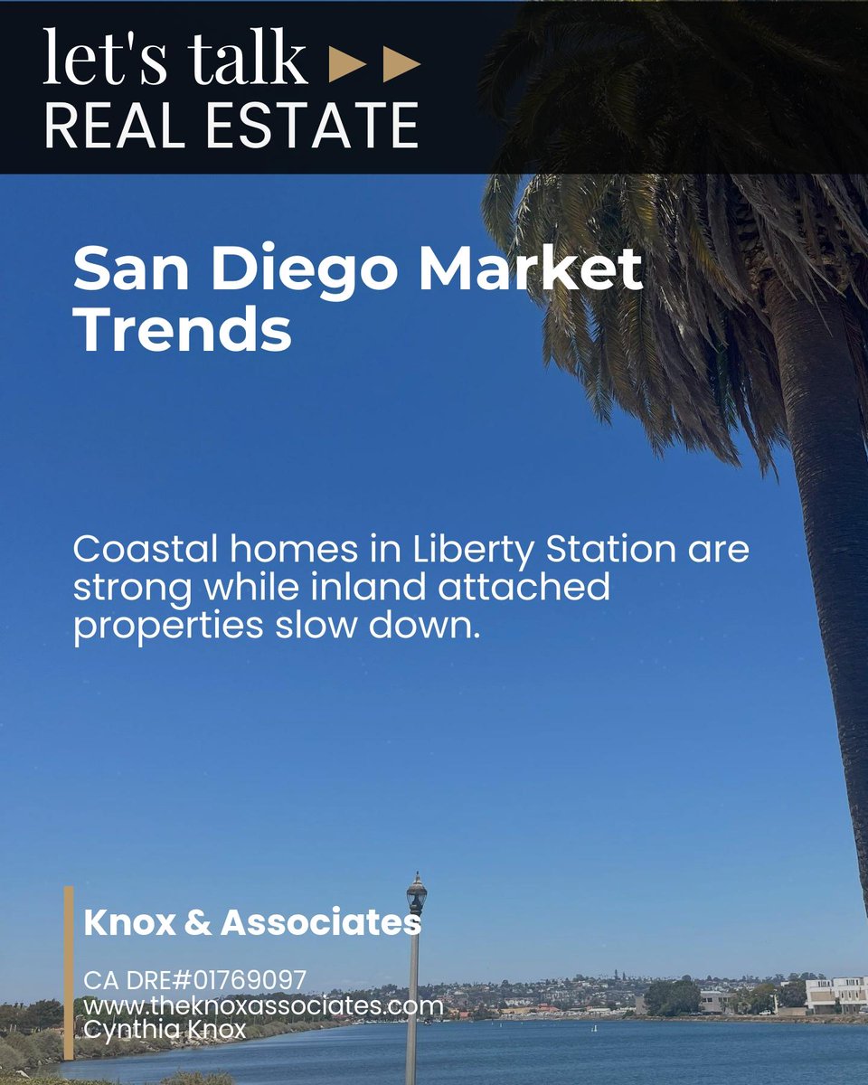 Cknox13's tweet photo. Coastal homes in Liberty Station stay competitive, while attached properties inland see slower sales and more negotiating room. 

Which San Diego neighborhood would you focus on for your next move? https://t.co/a5pYDYVvnP