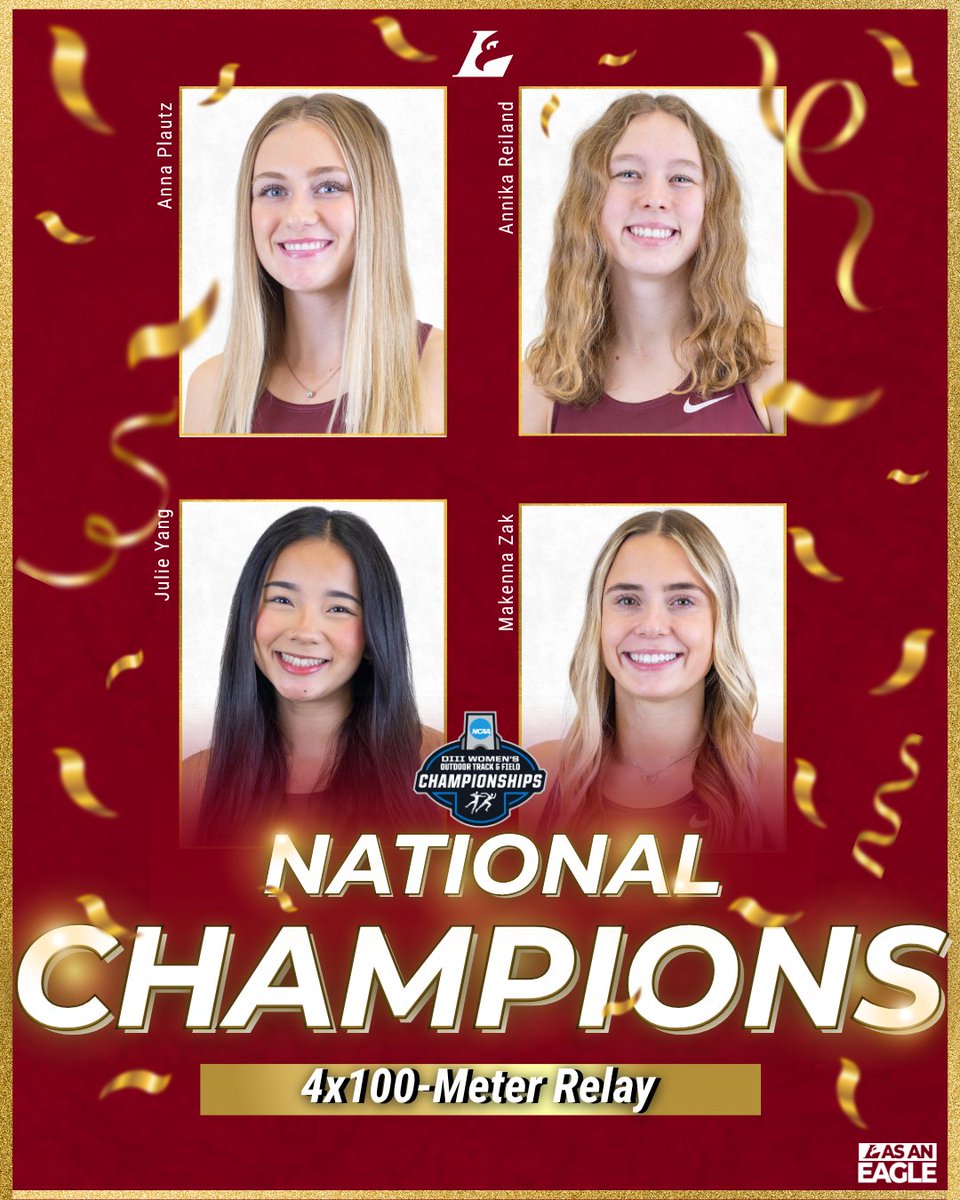 UWLAthletics's tweet photo. Julia Yang, Anika Reiland, Makenna Zak and Anna Plautz are the 4x100-meter relay (45.57) NCAA Division III Champions. 

It is UWL’s fifth title in school history (2013, 2014, 2024, 2025, 2026), including third straight.

@UWLTrack_Field https://t.co/LUVZllVlx9