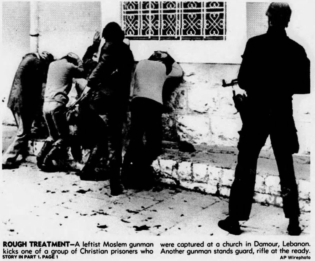 EstherCohenNew's tweet photo. ROUGH TREATMENT–A leftist #Moslem gunman kicks one of a group of Christian prisoners who were captured at a church in Damour, #Lebanon. Another gunman stands guard, rifle at the ready.

– The Los Angeles Times/AP Wirephoto | Jan 23, 1976 https://t.co/9HTLvWrzi8