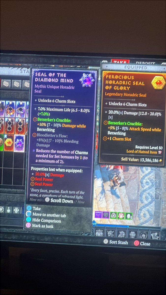 JTheSavageOne's tweet photo. @rob2628 Hey Rob, I just got this from none juiced helltide butchers in T12, it probably isn’t worth giving up a unique charm for any of the 3 pc set bonus’s is it?  Spin2win speed farmer btw! https://t.co/FO9tdgTT3o