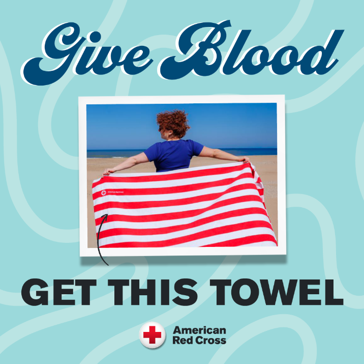 RedCrossNW's tweet photo. You give blood. We give beach vibes! Come to give May 18-31 to take home the exclusive oversized Red Cross beach towel for all your sunny days, while they last. Schedule here: https://t.co/qfUCpqHBXM https://t.co/J9D1w9DshA