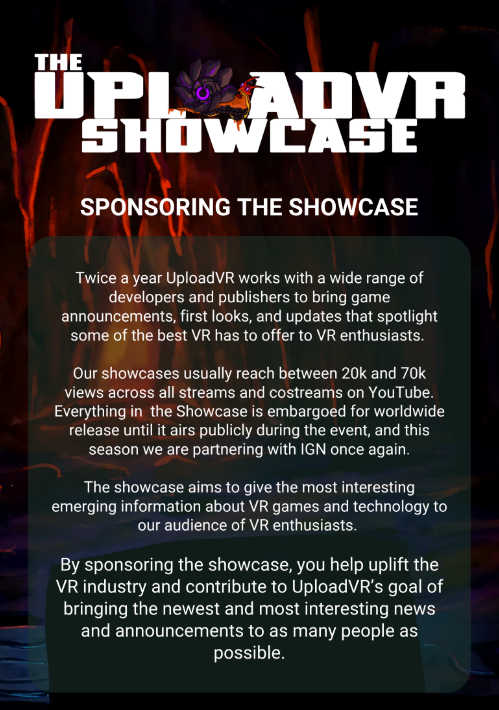 UVRShowcase's tweet photo. We still have sponsorship spots available for The UploadVR Showcase - Summer 2026! Want some extra attention on your VR project? Reach out to marketing@uploadvr.com and let's discuss options https://t.co/vazhPClHfX https://t.co/RGNf7b034L