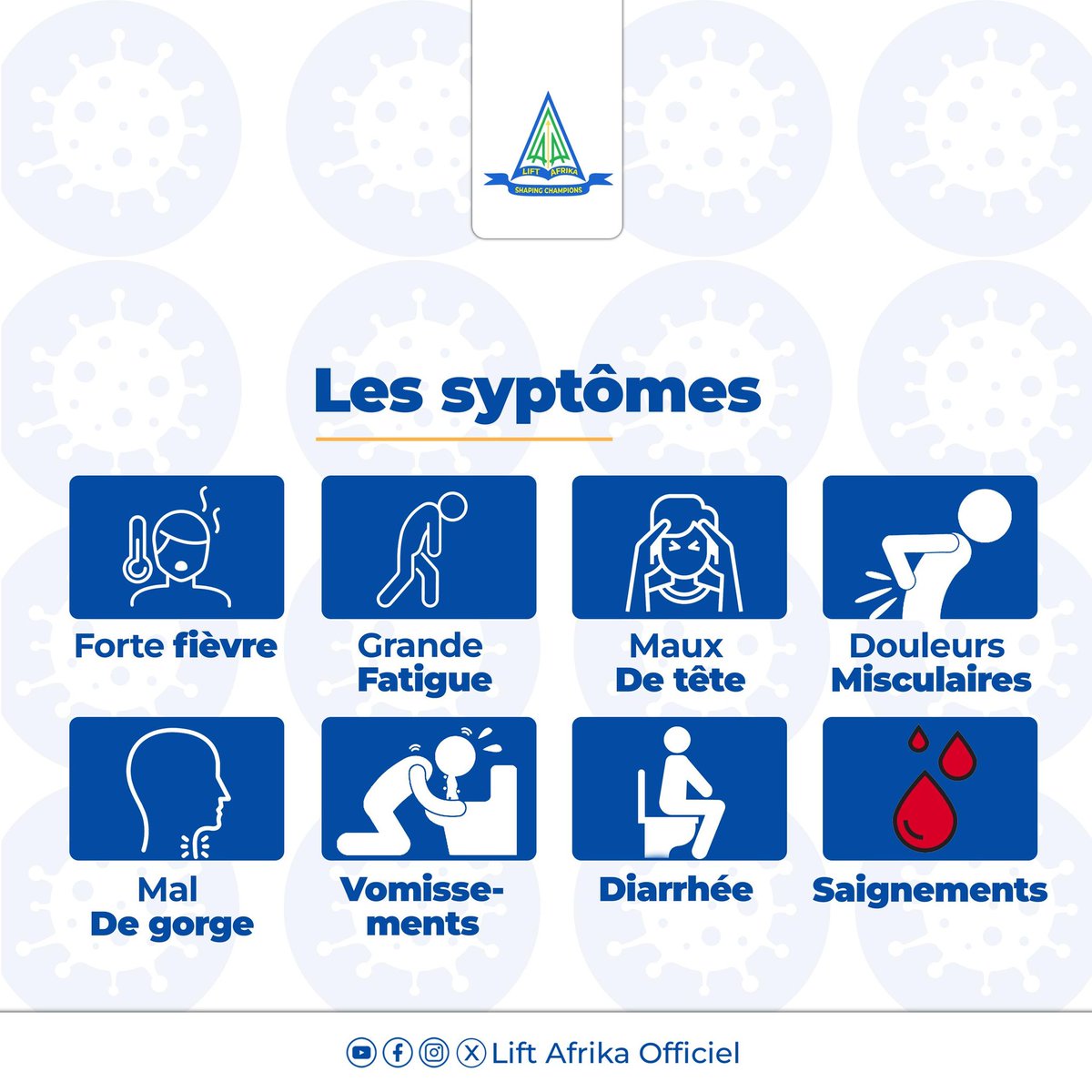 liftafrikacd's tweet photo. ⚠️⚠️⚠️
#StopEbola
Face aux symptômes comme la forte fièvre, les vomissements, la diarrhée ou les saignements, restons vigilants et protégeons nos communautés. En cas de doute, consultez rapidement un centre de santé. Ensemble, préservons la vie en RDC 🇨🇩
__
#StopEbola #Liftafrika https://t.co/PPER3qf2ri