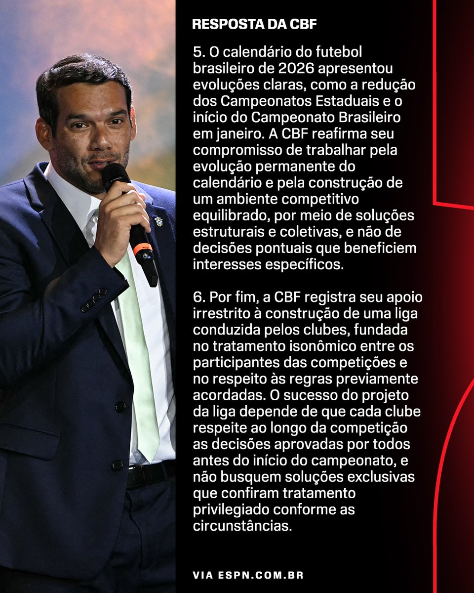 SportsCenterBR's tweet photo. RESPOSTA DA CBF PARA O FLAMENGO!

A Confederação Brasileira de Futebol se manifestou no início da tarde deste sábado (23) sobre a nota dura do Flamengo, que criticou a decisão da entidade em manter das partidas da 18ª rodada do Campeonato Brasileiro.

#FutebolNaESPN #Flamengo #CBF
