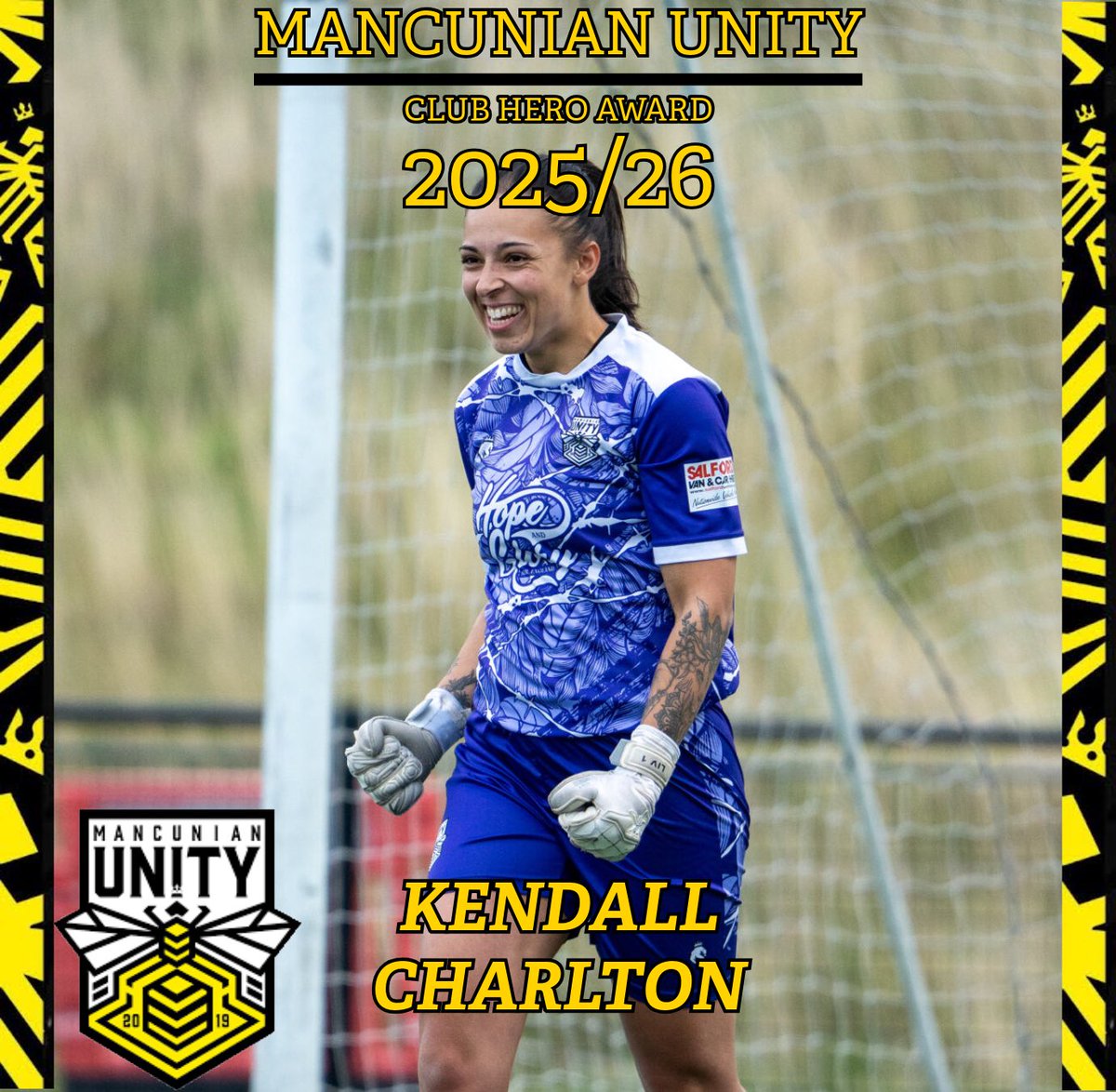 MancunianUnity's tweet photo. Your club hero award goes to Kendall Charlton for her outstanding effort over the years 💛🖤 https://t.co/VVSQMsEoFa