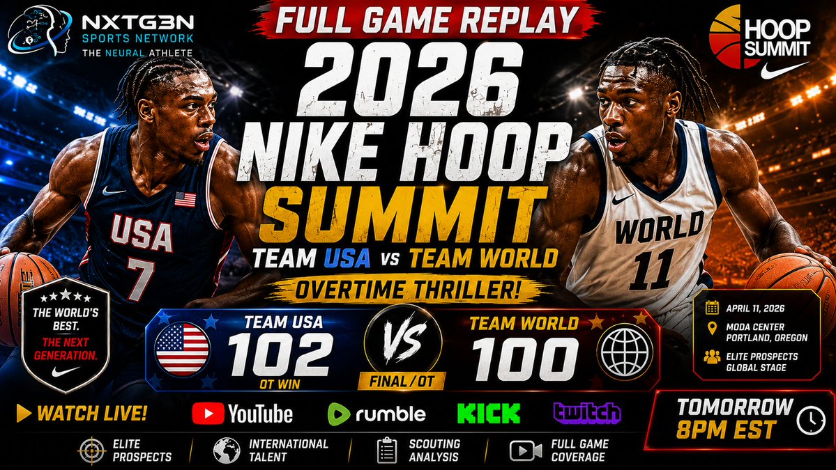 Nxtg3nC2879's tweet photo. 🚨 TONIGHT 🚨

2026 Nike Hoop Summit Replay 🏀🔥

🇺🇸 USA vs 🌍 World

⏰ YouTube Premiere — 5PM MST
https://t.co/MMGOBdFsRU
⏰ Rumble Premiere — 8PM MST
https://t.co/pfJ0TnXGX4

👇 Who helped their draft stock the MOST?
#NikeHoopSummit #Basketball #NBADraft #NXTG3N https://t.co/9GWEQzuq46