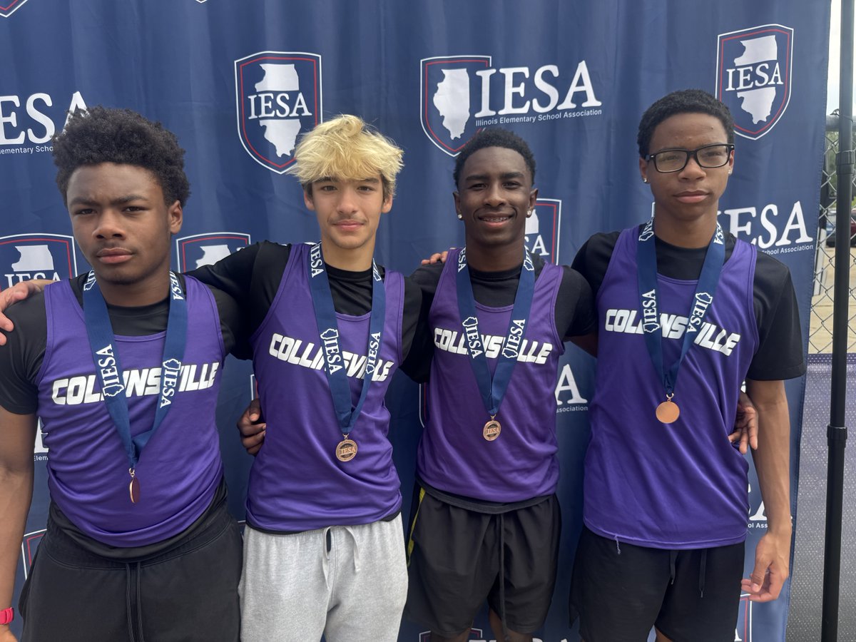 CMStrackfield's tweet photo. John Arnold, Brett Miller, Kyrie Brown, and Jaiden Bell run 46.64 for a 4th place finish in the 8th grade 4 x 100 relay at the IESA State Track Meet! https://t.co/HLq9gAlYnp