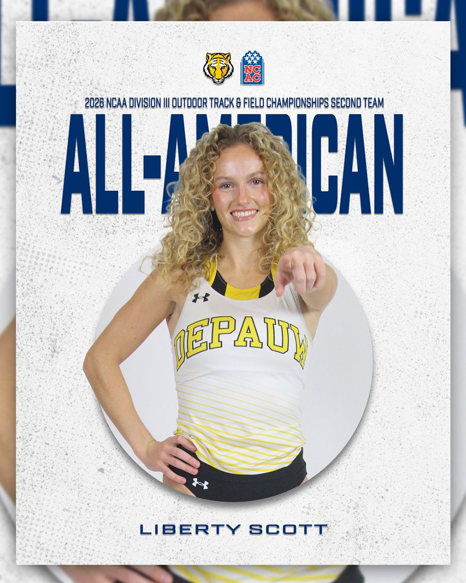 NCAC's tweet photo. 🚨 All-American Alert 🚨

Congratulations to @DePauwAthletics' Liberty Scott on earning her second All-America honor of the weekend! Scott picked up second-team honors in the 100-meter hurdles at the 2026 @NCAADIII Outdoor T&amp;F Championships.

#NCACPride | #d3tf https://t.co/LRr9YCYI8Q