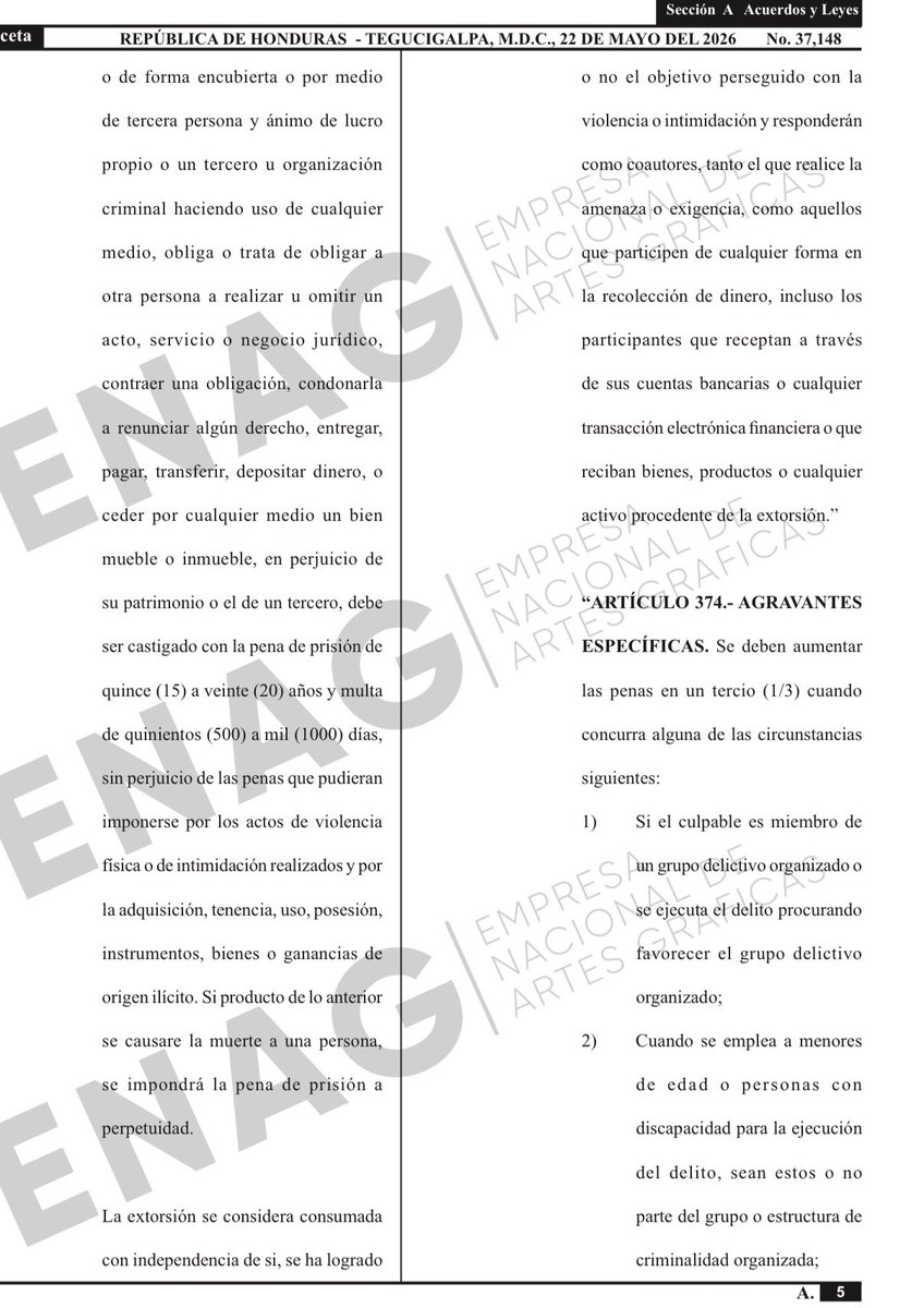 RomuloRME's tweet photo. Publicadas en El Diario Oficial La Gaceta,número 37, 148 del viernes 22 de mayo de 2026 las reformas a los Códigos Penal y Procesal, en las que denominan a maras y pandillas asociaciones terroristas ! https://t.co/q8Zv0ITBSP