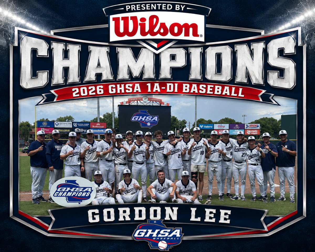 OfficialGHSA's tweet photo. Congratulations to the Trojans of #GordonLee
2026 Class 1AD-I State Baseball Champions 🏆
GHSA State Baseball Championship presented by @wilsonballglove   @My_PigeonForge @AthletesGoLive https://t.co/t4vGwH7Eip