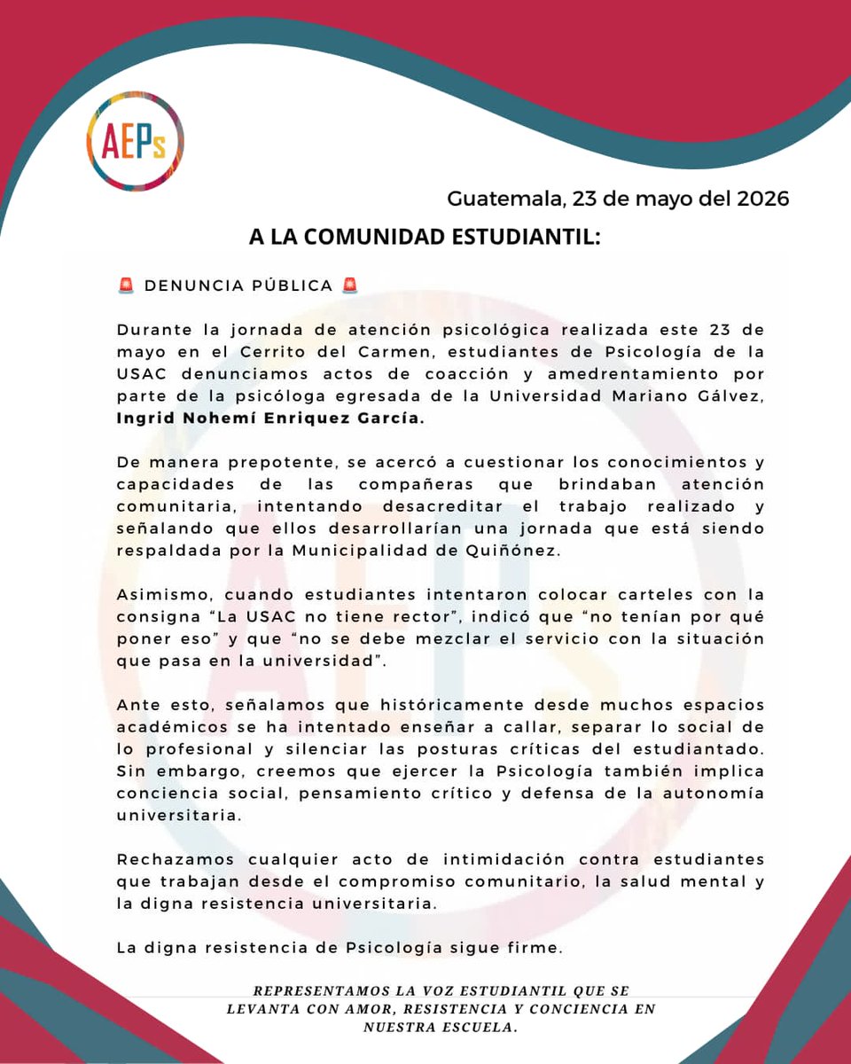 el_resumen_'s tweet photo. Trabajadora de la Municipalidad de Guatemala amedrenta a estudiantes 

En una jornada médica en el Cerrito del Carmen, la psicóloga Ingrid Nohemí Enríquez García amedrentó a estudiantes de la Escuela de Ciencias Psicológicas e impedir denuncias del fraude electoral en la USAC. https://t.co/irvYZGexo7