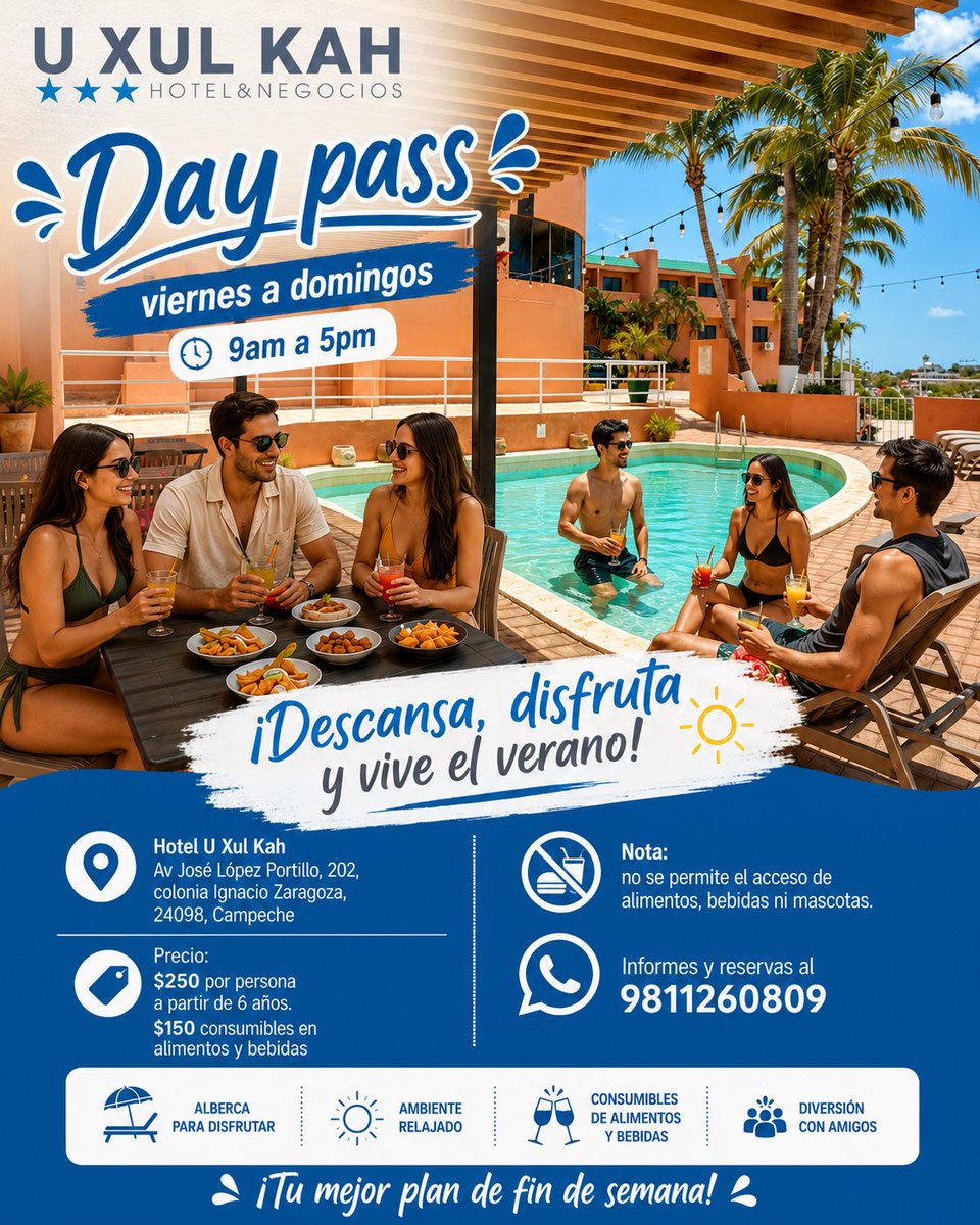UXulKahHotel's tweet photo. ☀️ ¡Escápate este fin de semana y vive un día diferente en Hotel U Xul Kah! 🏖️🍹
Disfruta de nuestro #DayPass todos los viernes, sábados y domingos de 9am a 5pm 🕘✨
📍 Hotel U Xul Kah
Av. José López Portillo #202, Col. Ignacio Zaragoza, #Campeche
📲 reservas:
981 126 0809 https://t.co/uI8ugxwIw3