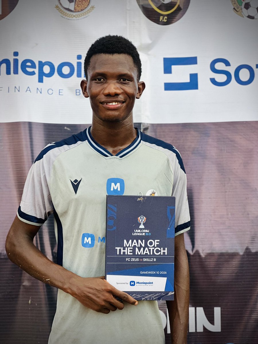 unilorinleague's tweet photo. MOTM 

Gbadebo Idris delivers a standout performance to claim the @moniepointng Man of the Match, taking home a ₦10,000 cash prize sponsored by @punterclash 

FC Zeus B 1-0 Skillz B

#UNILORINLeague8 #MoniePoint #MadeForYourProgress #OddScore #YouOwnYourOdds https://t.co/EXGTZJ9w10