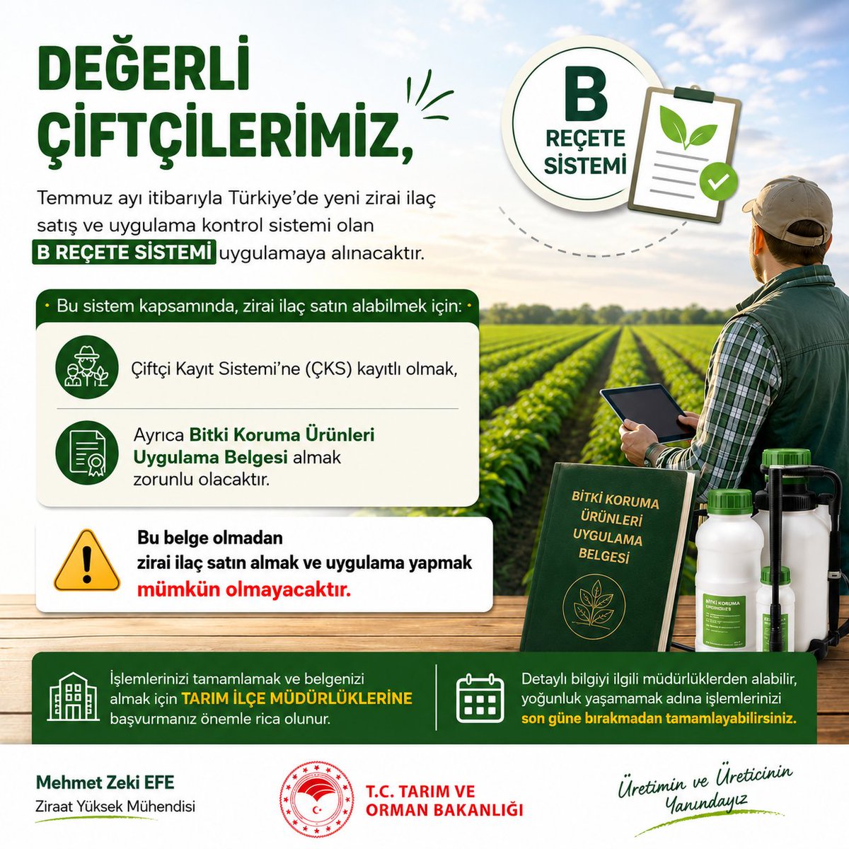 mzekiefe's tweet photo. 🌱📢 Değerli Çiftçilerimiz;
Temmuz ayında başlayacak B Reçete Sistemi kapsamında, zirai ilaç alımı için ÇKS kaydı ve Bitki Koruma Ürünleri Uygulama Belgesi zorunlu hale gelecektir.

#BReçeteSistemi
#BitkiKorumaÜrünleri
#ÇKSKaydı
#TarımsalÜretim
#ZiraiİlaçUygulama https://t.co/R8FpqCNgMA