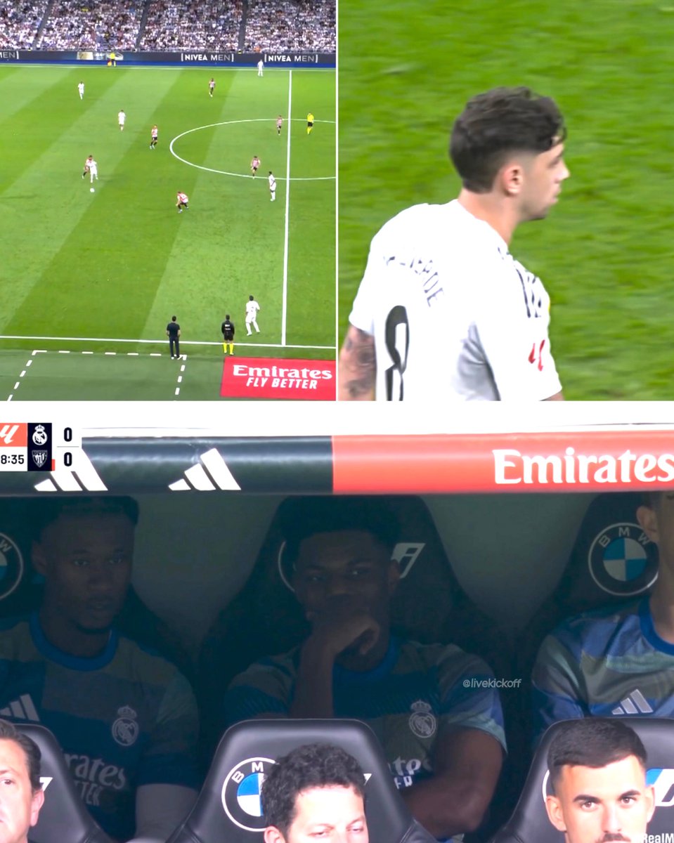 livekickoff_'s tweet photo. Valverde misplaced a pass and the cameraman immediately cut to Tchouaméni on the bench 😭 https://t.co/1iZIAbtX3r