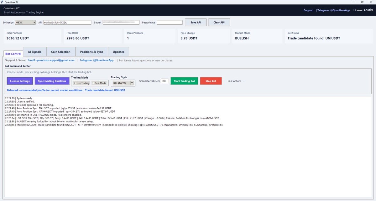 QuantivexAI's tweet photo. I’ve been developing Quantivex AI for a long time.
My main goal was to build something different from classic bots that trade nonstop in every market condition.

Now I’m continuing to test the system with real capital.
The balance shown on the screen is a real live account.

As of today, Quantivex AI is actively analyzing the market and managing its own trades.

I’ll share the same account balance again after 48 hours. 🚀

Let’s see how the AI reacts to real market conditions.

👉 https://t.co/SNBQxtd26z