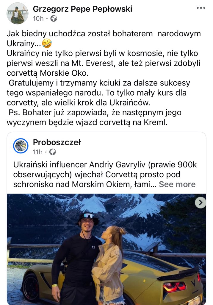 LWiadrowska's tweet photo. Jak biedny uchodźca został bohaterem  narodowym Ukrainy...🤣
Ukraińcy nie tylko pierwsi byli w kosmosie, nie tylko pierwsi weszli na Mt. Everest, ale też pierwsi zdobyli corvettą Morskie Oko.
 Gratulujemy i trzymamy kciuki za dalsze sukcesy tego wspaniałego narodu. To tylko mały kurs dla corvetty, ale wielki krok dla Ukraińców.
 Ps. Bohater już zapowiada, że następnym jego wyczynem będzie wjazd corvettą na Kreml.