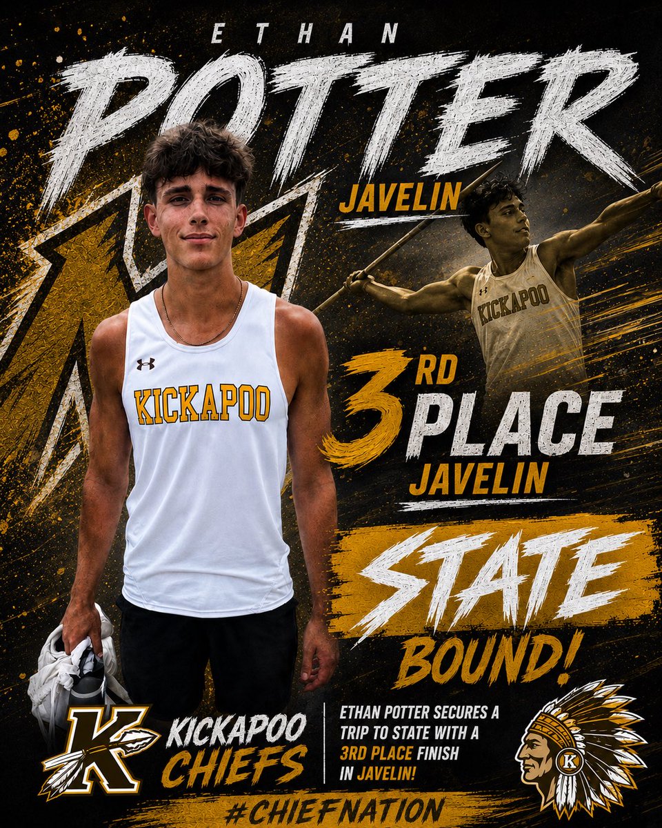 Kpoofootball's tweet photo. Ethan Potter with a 3rd place finish in Javelin to move on to State next week! https://t.co/iBc1XoF8Wj