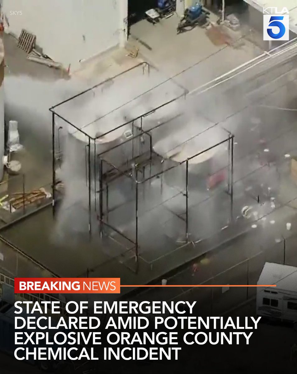 KTLA's tweet photo. #BREAKING: A state of emergency has been declared for Orange County amid the ongoing chemical incident in Garden Grove that has led to about 40,000 people being evacuated and could still result in an explosion. https://t.co/nUI2KX2zbR https://t.co/4r3Z1U7J7g