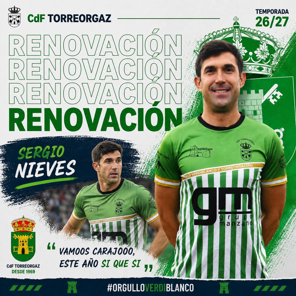 TorreorgazCdf's tweet photo. 🟢⚪️ OFICIAL | SERGIO NIEVES , renovado como jugador del CdF Torreorgaz.

🖊️ El Lateral firma su contrato para la temporada 2026/27 y con esta ya son 3 de verdiblanco.

💚🤍💚🤍💚 https://t.co/k4EWyjxCtI