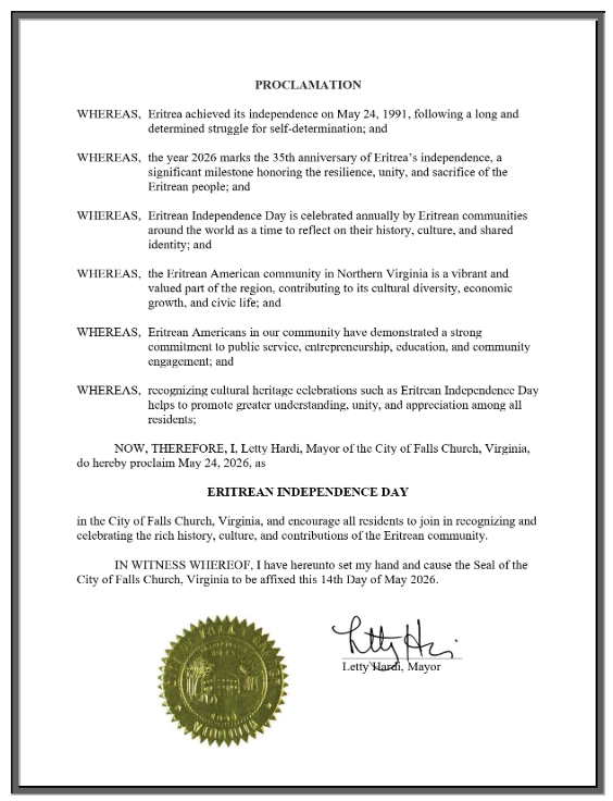 Eri_Diplomacy's tweet photo. We extend our sincere appreciation to Letty Hardi, Mayor of the @FallsChurchGov, Virginia, for recognizing Eritrea’s 35th Independence Day through an official proclamation. 🇪🇷🇺🇸

Such gestures reflect the growing friendship and mutual respect between the Eritrean and American people, while honoring the contributions of Eritrean Americans to communities across the United States.