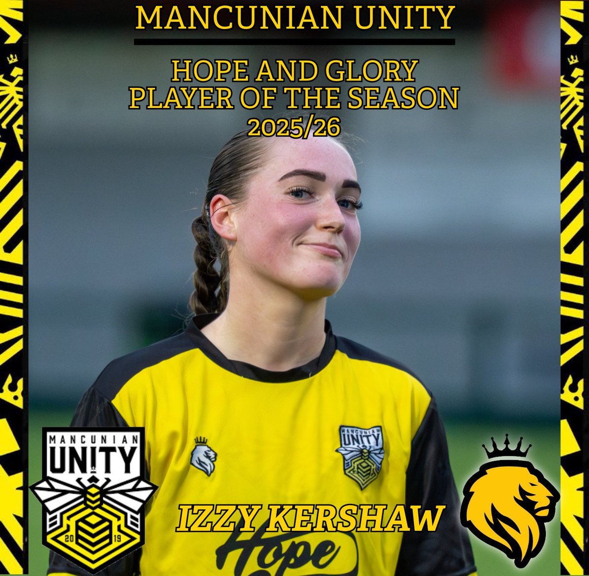MancunianUnity's tweet photo. Izzy Kershaw is your Hope &amp; Glory Player of the Season 💛🖤⚽️ https://t.co/HjsOXwUAxV