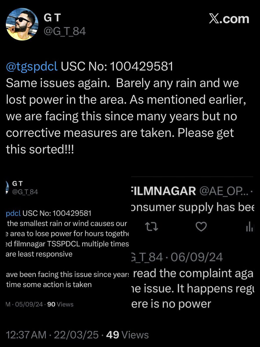 G_T_84's tweet photo. @tgspdcl No resolution for issues going on for years. Minor wind or rain and the power goes for hours. Pathetic that no proper resolution can be given https://t.co/9VfSLKUIv1