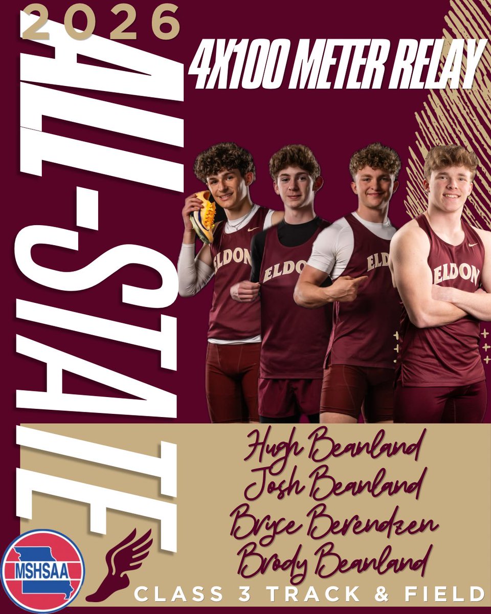 EldonMustang's tweet photo. Congratulations to Hugh Beanland, Josh Beanland, Bryce Berendzen and Brody Beanland for taking sixth place in the 4x100 Meter Relay at the 2026 MSHSAA State Track and Field Championships! Way to go! #AllState #MustangMade https://t.co/fkT4VMaZGF