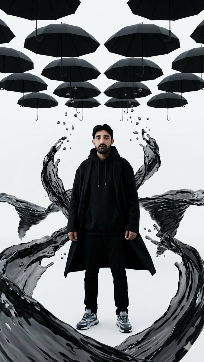 Surreal Man with Black Water and Umbrellas