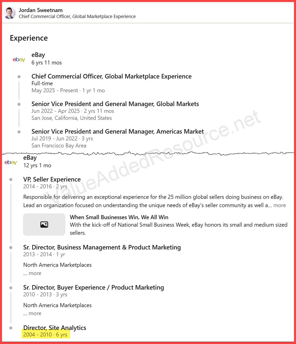 ValueAddedRS's tweet photo. It appears @typesfast is not aware of $EBAY's fondness for "boomerang" retread rehires.😂

A few examples:
CEO Jamie Iannone - prev 2001-2009

Chief Commercial Officer Jordan Sweetnam: prev 2004-2016

Board/chair Tech Committee Shripriya Mahesh- prev 2001-2006

$GME @ryancohen https://t.co/5aEvZPXrjg