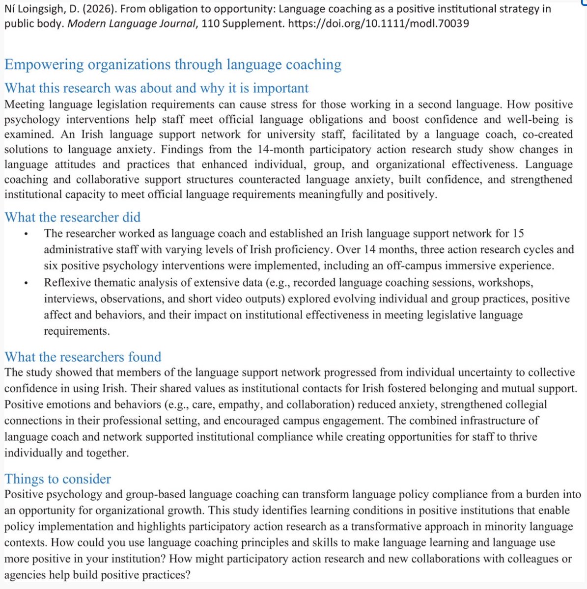 ModernLanguageJ's tweet photo. When language compliance feels like a burden, can coaching turn it into opportunity? 

Ni Loingsigh studies Irish language support in a university.  

Ni Loingsigh (2026). The Modern Language Journal. https://t.co/1wru0JwYkL

#MLJContentSeries https://t.co/6GlazGzVIo