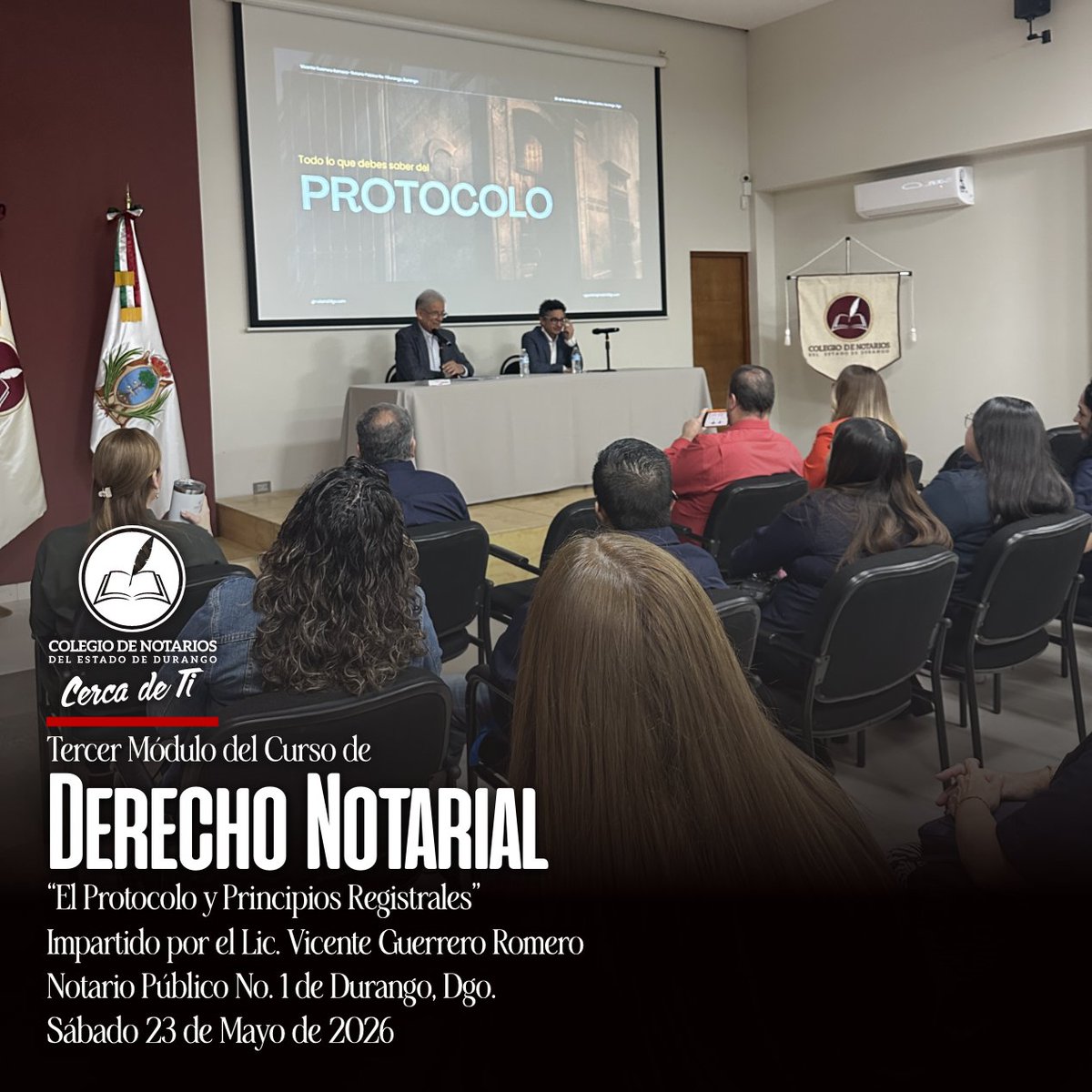NotariosDurango's tweet photo. Agradecemos al Lic. Vicente Guerrero Romero, Titular de la Notaría No. 01 en Dgo., el haber impartido el 3er Módulo del Curso de Derecho Notarial “El Protocolo y Principios Registrales”.
¡Seguimos impulsando la capacitación y actualización constantes para la Comunidad Notarial! https://t.co/lbiOJcEvyM