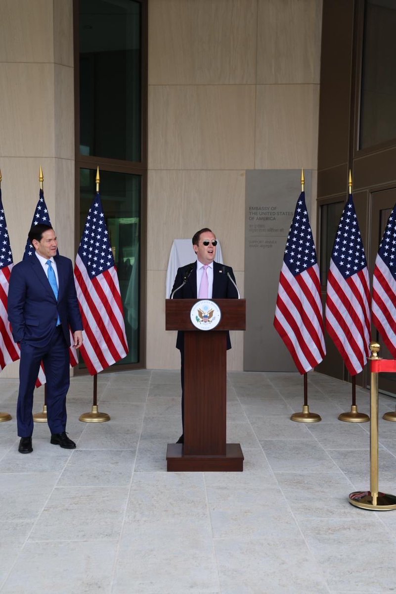 USAmbIndia's tweet photo. I was honored to join @SecRubio at the dedication ceremony for our new Support Annex Building, which will house our management and consular sections in New Delhi. This modern facility reflects our commitment to serving the American and Indian people more effectively, while supporting the enduring strength of the U.S.-India partnership.