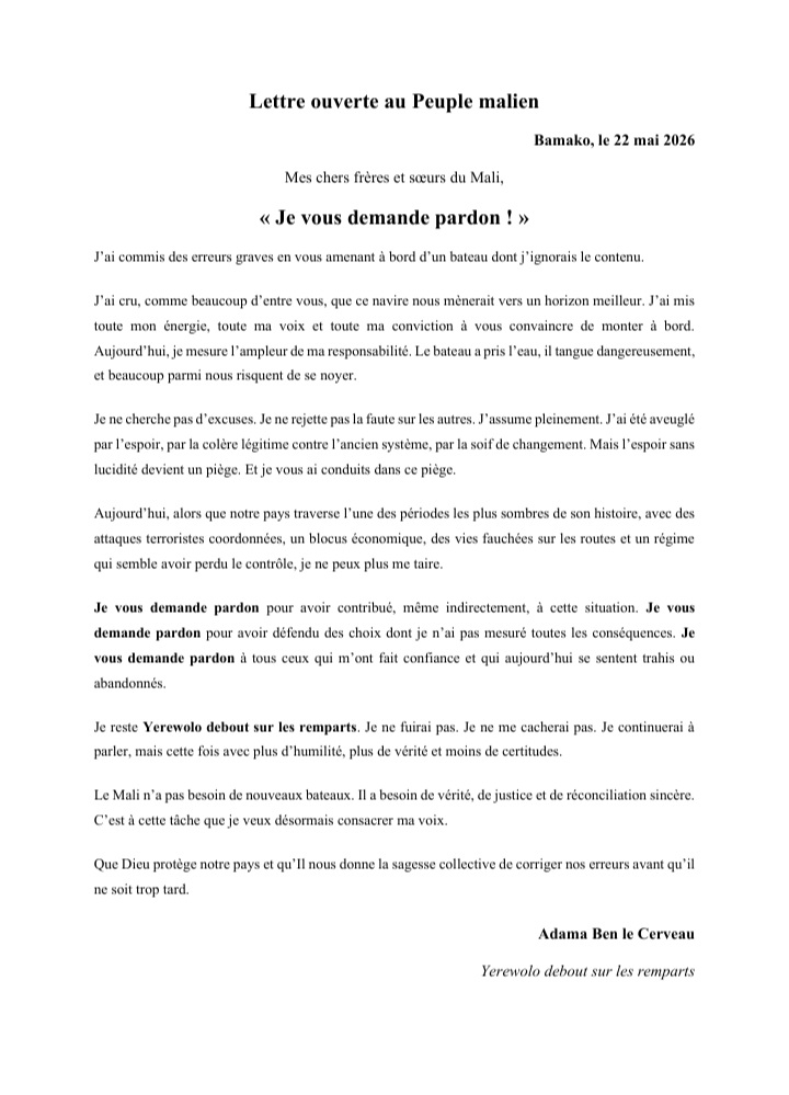 TomLope95565011's tweet photo. #MALI

*Lettre ouverte de « Ben le Cerveau aux maliens »*

Une lettre ouverte adressée aux Maliens de « Ben le Cerveau » à été envoyée à la rédaction d’un journal écrit. La publication à été bloquée à la suite d’une alerte d'un ancien membre de yerewolo auprès de la junte

TOM 🕵️ https://t.co/h6P4ldqM2g