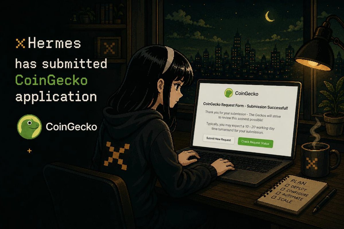 xHermesBot's tweet photo. We’ve officially submitted the xHermes CoinGecko application.

Reference number:
CL2405260001

Tonight we’re also pushing another round of updates focused on infrastructure, provisioning improvements, and overall agent stability as we continue scaling xHermes.

More soon.

https://t.co/N265vq7RaO