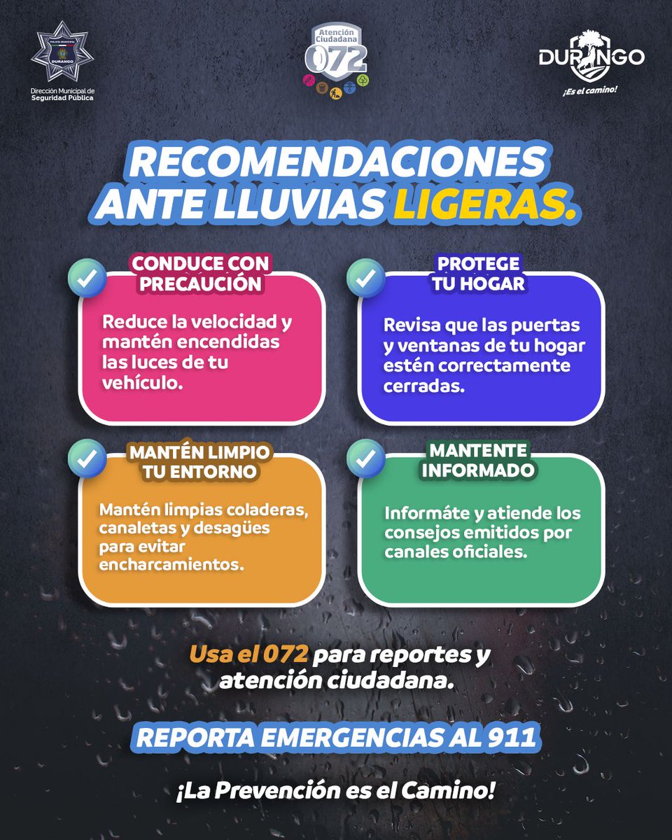 DMSPDGO's tweet photo. 🌧️ La lluvia puede parecer ligera, pero la prevención hace la diferencia.
Ante lluvias ligeras, toma precauciones para proteger tu seguridad y la de tu familia. 

#LaPrevenciónEsElCamino https://t.co/XrKGHhQNHY